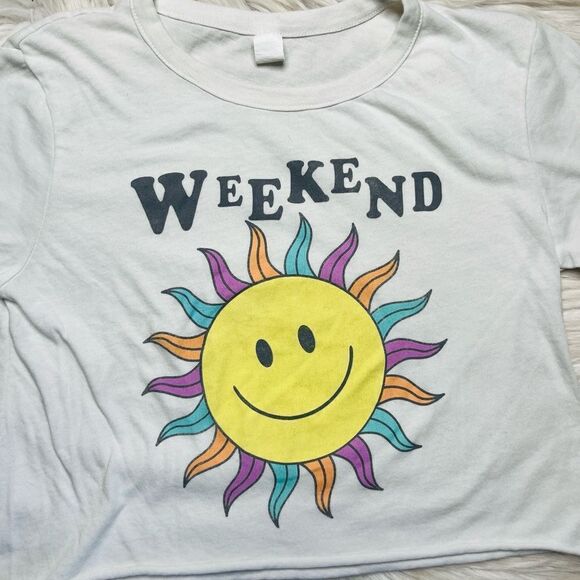 Groovy Sunny Weekend Short Sleeve Cropped Shirt White Yellow Medium - Picture 2 of 4